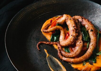 octopus cooked on black plate with orange mash